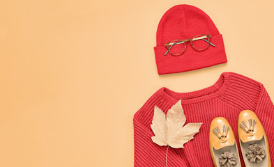 Autumn Arrives. Fashion woman Clothes Outfit. Trendy Knit Jumper, Beanie. Stylish Glamour Shoes and...