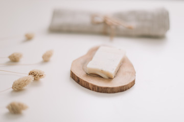 Handmade natural organic soap isolated on white. Spa procedure, healthy lifestyle. Eco cosmetics. Top view, copyspace