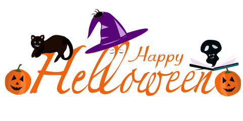 The inscription Halloween Hello stylized with a cat and a hat