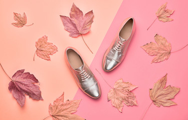 Autumn Arrives. Fall fashion Accessories set. Creative Flat lay. Trendy Stylish gold loafers shoes,...