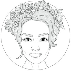 Girl with a wreath with flowers on her head.Coloring book antistress for children and adults. Illustration isolated on white background.Black and white drawing.Zen-tangle style.