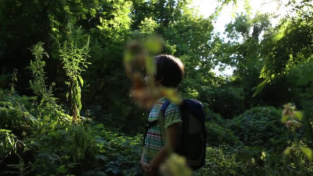 A boy with a backpack walks through the forest, a child explores wildlife, a kid stands alone among the trees, a portrait of a boy.