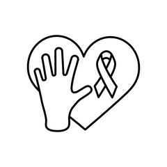 hand and heart with cancer ribbon, line style