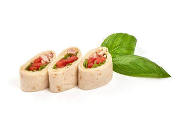 Chicken and vegetables wrapped in a tortilla, isolated on white background