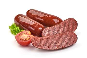 Grilled pork sausages, isolated on white background
