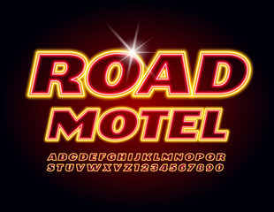 Vector bright banner Road Motel. Glowing Red and Orange Font. Neon electric Alphabet Letters and Numbers