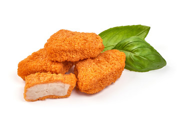 Crispy chicken nuggets, isolated on white background