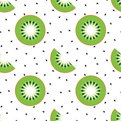 Sliced kiwi and black seeds on a white background. Seamless background. Design for textile, poster, banner. Vector illustration