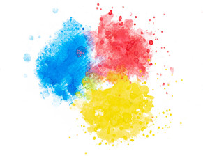 Primary colors of yellow blue and red watercolor splash and dropping on white background