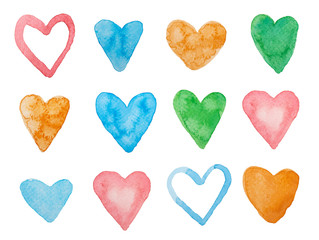 Hand drawn watercolor heart set isolated on white background.