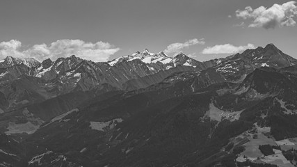Fototapeta na wymiar Beautiful alpine black and white view at the famous Zillertaler Hoehenstrasse, Tyrol, Austria