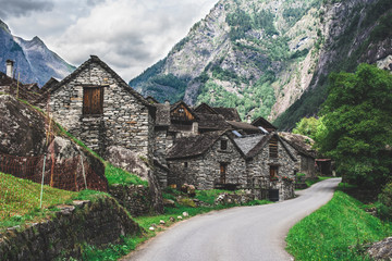 Swiss landscape with a typical 15th century stone village Italian canton Ticino, southern Switzerland