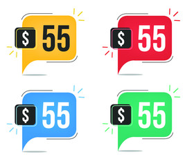 $55 dollar price. Yellow, red, blue and green currency tags. Balloon concept with fifty-five dollars sales tag.