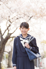 桜と女子中学生