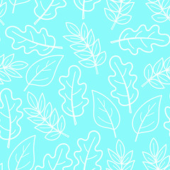 Pattern with contours of white leaves on a blue background