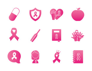 cancer ribbon and breast cancer icon set, gradient style