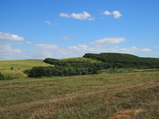 Beautiful rural summer nature landscape.Sunny view of large meadow and green woods.Amazing blue sky with fluffy clouds over land.Bright color nature sunrise scene with beautiful green hills.