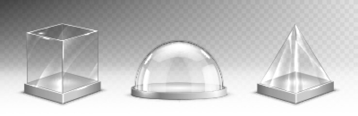 Realistic glass cube, pyramid, sphere or dome, christmas snow globe souvenirs isolated on transparent background, crystal containers on metal base. Festive xmas gifts mock up. Realistic 3d vector set