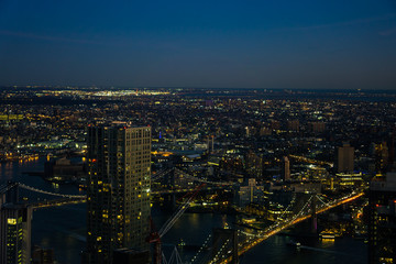 Skyline view of skyscrapers at night of downtown Manhattan, Brooklyn and connecting bridges