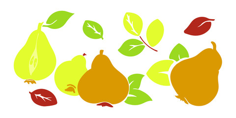 Vector pears, pear stub with seed, half pear, leaves isolated. Doodle design fruit. Flat, sketch style colorful collection hand drawn fruits. Fabric design, apparel, bag, t-shirt, wallpaper, print.