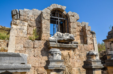 Nymphaeum Fountain with the statue of Kestros the river goddess at ancient Greek city in Perge and the capital of Pamphylia, near Antalya, Turkey