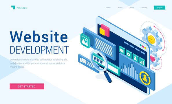 Website development banner. Concept of engineering and programming internet software, design and online content. Vector landing page of web site programming with isometric illustration of browser
