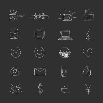 Hand-drawn organic icons. Chalk drawings. Set of 20 illustrations. Unusual naive linear images for a website, messenger, social networks or printed materials