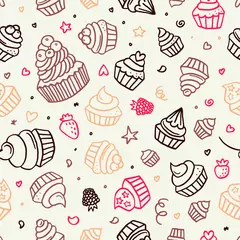 Muurstickers Hand drawn cupcake doodle background seamless pattern with desserts, berries. Vector illustration © Viktoriia