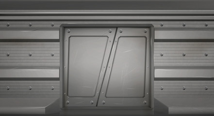 Futuristic metal sliding doors in spaceship, submarine or laboratory. Vector realistic interior of empty hallway in space ship with old scratched closed gate. Steel doors in spacecraft