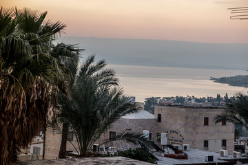 Obraz premium View of the city of Tiberias on the Sea of Galilee, part on the hill, Israel