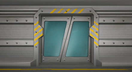 Metal door with glass windows, sliding gates in spaceship interior. Closed shuttle, futuristic bunker or secret laboratory entrance with yellow markup, ski-fi gateway, Realistic 3d vector illustration © klyaksun