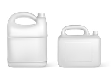 Plastic canisters, white jerrycan bottles of different shapes and volumes. Isolated detergent, engine oil, car lubricant or gasoline additive blank container design elements realistic 3d vector mockup
