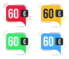 €60 euro price. Yellow, red, blue and green currency tags. Balloon concept with sixty euros sales tag.