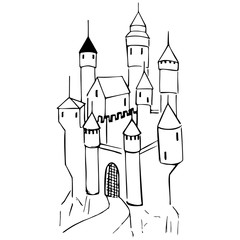 Old doodle style castle. Vector hand drawn illustration