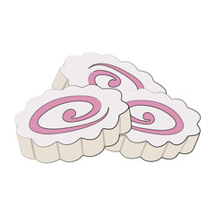 Narutomaki is an ingredient for Oriental soups. Traditional Eastern food, suitable for sushi, ramen and other national dishes. Vector illustration in hand-drawn style on a white background