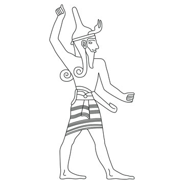God Baal. Figure of ancient man in hat or helm. Black and white linear silhouette. Ugarit Canaan Hittites culture.