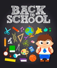 Back to school poster, banner with funny boy in school uniform. Vector illustration