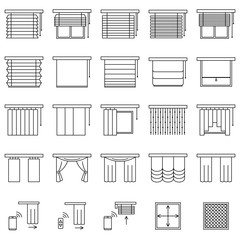 Window curtains, blinds and jalouise line icons set. Collection of different types of roller shutters, window sunblinds, mosquito net and remote control in outline style
