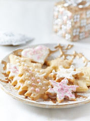 Homemade Christmas cookies on bright background. 