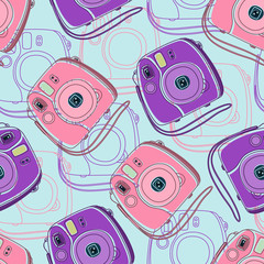 Seamless pattern with colorful handdrawn outline instant outline cameras. Vector illustration.