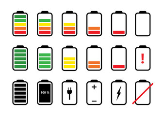 Set of battery icon. Accumulator in different conditions. Power and energy level indicator. Vector collection.
