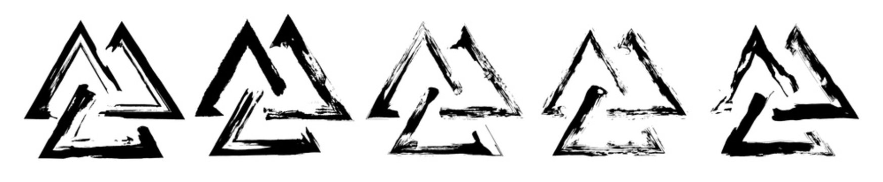 The valknut is a symbol consisting of three interlocked triangles. Set of Viking Age symbols. Black ink handwriting. Vector illustration symbols in grunge style