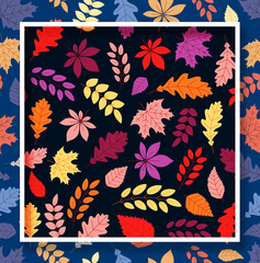 Autumn leaves seamless pattern with square frame on dark background.