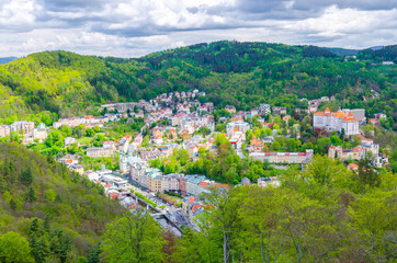 Top aerial panoramic view of Karlovy Vary