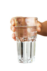 glass of water in the hand on the white background