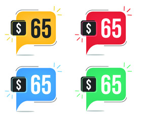 $65 dollar price. Yellow, red, blue and green currency tags. Balloon concept with sixty-five dollars sales tag.