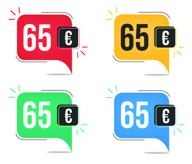€65 euro price. Yellow, red, blue and green currency tags. Balloon concept with sixty-five euros sales tag.