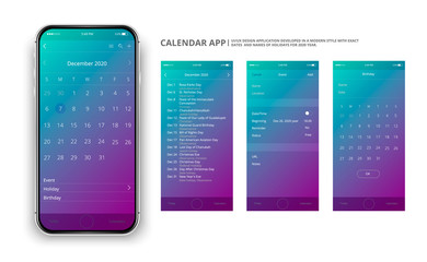 User interface design. Mobile calendar app, December. Phone mock up on the colorful background.