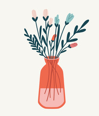 Vector illustration of a red glass vase with flowers.