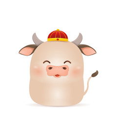 Happy Chinese New Year 2021. Cartoon Little Ox character design with traditional Chinese red costume, holding chinese gold ingot isolated. The year of the bull. Zodiac of the ox.